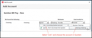  to add, select link to existing Quicken account